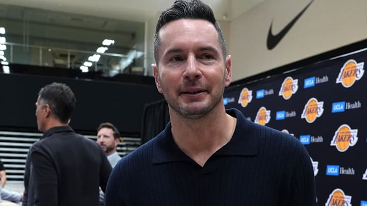 Sep 25, 2024; El Segundo, CA, USA; Los Angeles Lakers coach JJ Redick at press conference at UCLA Health Training Center. Mandatory Credit: Kirby Lee-Imagn Images Sep 25, 2024; El Segundo, CA, USA; Los Angeles Lakers coach JJ Redick at press conference at UCLA Health Training Center. Mandatory Credit: Kirby Lee-Imagn Images