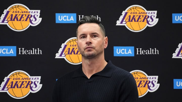 Sep 25, 2024; El Segundo, CA, USA; Los Angeles Lakers coach JJ Redick at press conference at UCLA Health Training Center. Mandatory Credit: Kirby Lee-Imagn Images