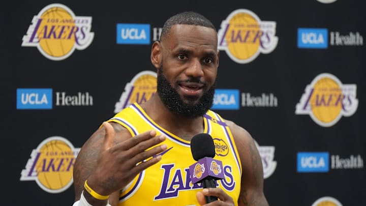 Sep 30, 2024; El Segundo, CA, USA; Los Angeles Lakers forward LeBron James (6) during media day at the UCLA Health Training Center. Mandatory Credit: Kirby Lee-Imagn Images