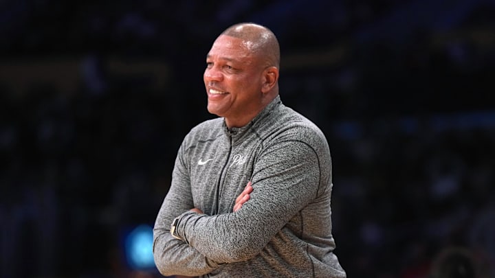 Mar 23, 2022; Los Angeles, California, USA; Philadelphia 76ers coach Doc Rivers reacts against the Los Angeles Lakers in the second half at Crypto.com Arena. Mandatory Credit: Kirby Lee-Imagn Images