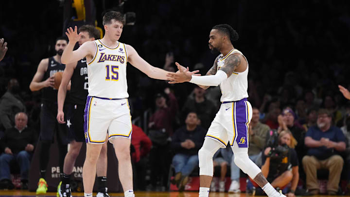 Mar 19, 2023; Los Angeles, California, USA; Los Angeles Lakers guard Austin Reaves (15) and guard D'Angelo Russell (1) celebrate against the Orlando Magic in the first half at Crypto.com Arena. Mandatory Credit: Kirby Lee-Imagn Images Mar 19, 2023; Los Angeles, California, USA; Los Angeles Lakers guard Austin Reaves (15) and guard D'Angelo Russell (1) celebrate against the Orlando Magic in the first half at Crypto.com Arena. Mandatory Credit: Kirby Lee-Imagn Images