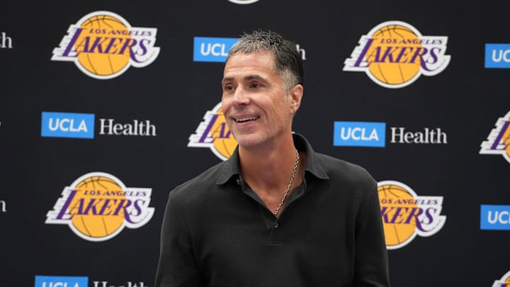 Sep 25, 2024; El Segundo, CA, USA; Los Angeles Lakers general manager Rob Pelinka at press conference at UCLA Health Training Center. Mandatory Credit: Kirby Lee-Imagn Images Sep 25, 2024; El Segundo, CA, USA; Los Angeles Lakers general manager Rob Pelinka at press conference at UCLA Health Training Center. Mandatory Credit: Kirby Lee-Imagn Images