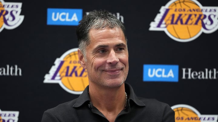 Sep 25, 2024; El Segundo, CA, USA; Los Angeles Lakers general manager Rob Pelinka at press conference at UCLA Health Training Center. Mandatory Credit: Kirby Lee-Imagn Images