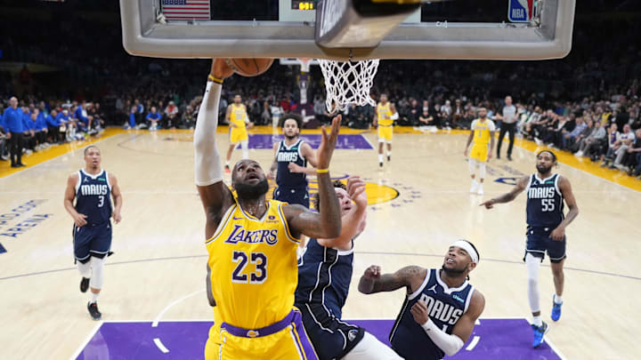 Jan 17, 2024; Los Angeles, California, USA; Los Angeles Lakers forward LeBron James (23) shoots the ball against the Dallas Mavericks in the first half at Crypto.com Arena. Mandatory Credit: Kirby Lee-Imagn Images Jan 17, 2024; Los Angeles, California, USA; Los Angeles Lakers forward LeBron James (23) shoots the ball against the Dallas Mavericks in the first half at Crypto.com Arena. Mandatory Credit: Kirby Lee-Imagn Images