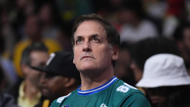 Jan 17, 2024; Los Angeles, California, USA; Dallas Mavericks owner Mark Cuban watches against the Los Angeles Lakers in the first half at Crypto.com Arena. Mandatory Credit: Kirby Lee-Imagn Images Jan 17, 2024; Los Angeles, California, USA; Dallas Mavericks owner Mark Cuban watches against the Los Angeles Lakers in the first half at Crypto.com Arena. Mandatory Credit: Kirby Lee-Imagn Images