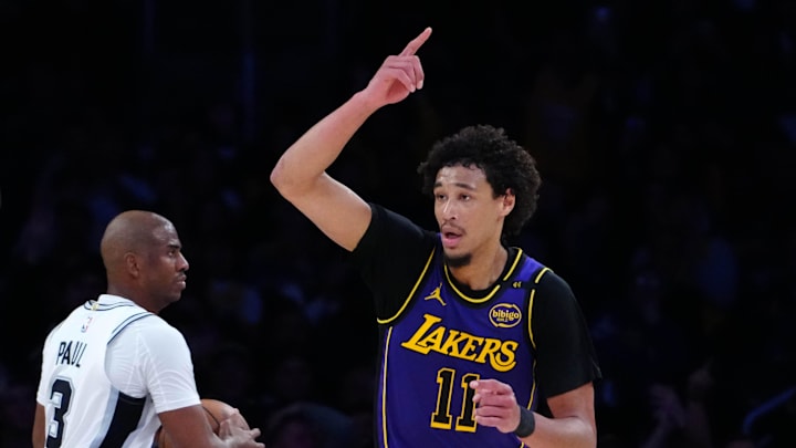 Mar 17, 2025; Los Angeles, California, USA; Los Angeles Lakers center Jaxson Hayes (11) gestures in the second half against the San Antonio Spurs at Crypto.com Arena. Mandatory Credit: Kirby Lee-Imagn Images