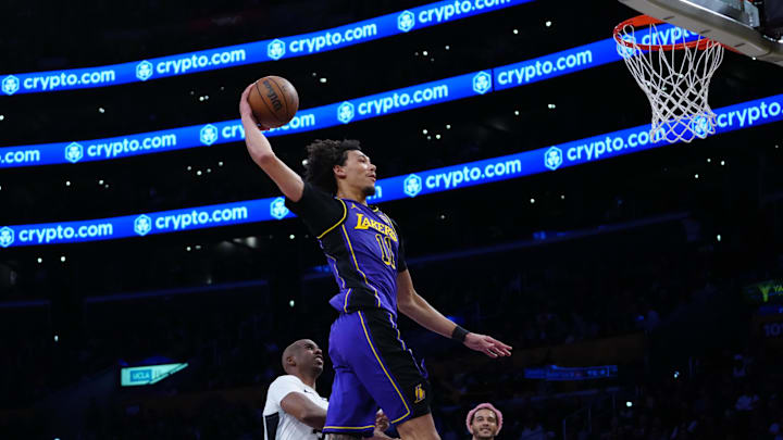 Mar 17, 2025; Los Angeles, California, USA; Los Angeles Lakers center Jaxson Hayes (11) dunks the ball against the San Antonio Spurs in the first half at Crypto.com Arena. Mandatory Credit: Kirby Lee-Imagn Images