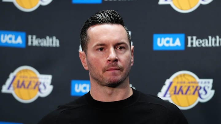 Mar 17, 2025; Los Angeles, California, USA; Los Angeles Lakers coach JJ Redick at press conference at the Crypto.com Arena. Mandatory Credit: Kirby Lee-Imagn Images