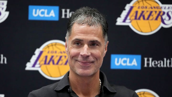 Sep 25, 2024; El Segundo, CA, USA; Los Angeles Lakers general manager Rob Pelinka at press conference at UCLA Health Training Center. Mandatory Credit: Kirby Lee-Imagn Images