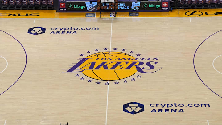 Dec 18, 2023; Los Angeles, California, USA; The Los Angeles Lakers logo at center court at the Crypto.com Arena. Mandatory Credit: Kirby Lee-Imagn Images Dec 18, 2023; Los Angeles, California, USA; The Los Angeles Lakers logo at center court at the Crypto.com Arena. Mandatory Credit: Kirby Lee-Imagn Images