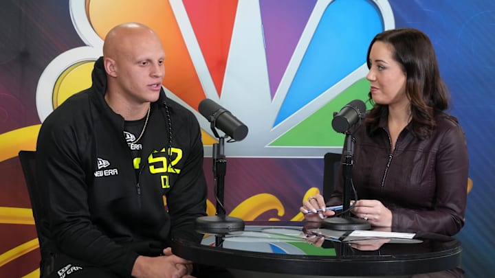 NBC Sports reporter Nicole Auerbach (right) interviews Arkansas DL Landon Jackson (DL52) during the NFL Scouting Combine 