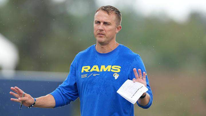 Jul 31, 2022; Irvine, CA, USA; Los Angeles Rams offensive assistant coach Jake Peetz during training camp at UC Irvine. Mandatory Credit: Kirby Lee-Imagn Images