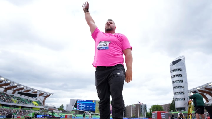 Joe Kovacs of the United States celebrates after winning the shot put at 75-10 3/4 (23.13m) during the 49th Pre Classic at Hayward Field.