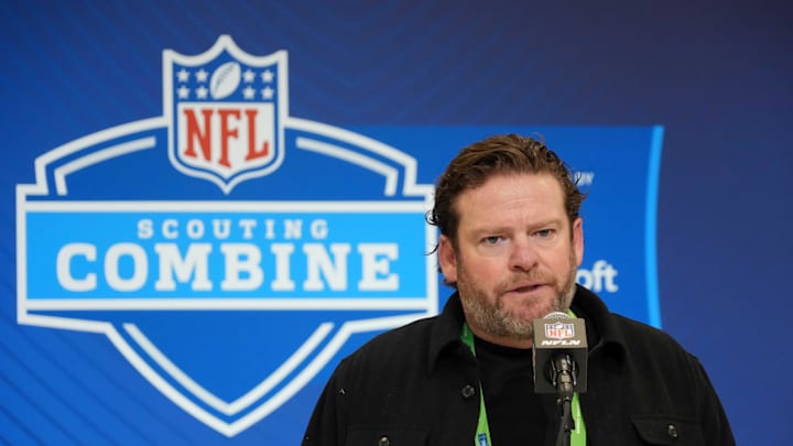 Feb 25, 2025; Indianapolis, IN, USA; Seattle Seahawks general manager John Schneider speaks during the NFL Scouting Combine at the Indiana Convention Center. Mandatory Credit: Kirby Lee-Imagn Images