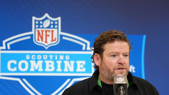Feb 25, 2025; Indianapolis, IN, USA; Seattle Seahawks general manager John Schneider speaks during the NFL Scouting Combine at the Indiana Convention Center. Mandatory Credit: Kirby Lee-Imagn Images