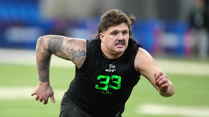 Georgia offensive lineman Tate Ratledge during the NFL Scouting Combine at Lucas Oil Stadium. Georgia offensive lineman Tate Ratledge during the NFL Scouting Combine at Lucas Oil Stadium.