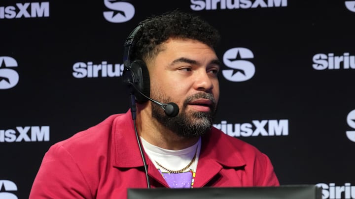 Feb 7, 2024; Las Vegas, NV, USA; Pittsburgh Steelers defensive tackle Cam Heyward on the SportsGrid SiriusXM radio set on radio row at the Super Bowl 58 Media Center at the Mandalay Bay resort and spa. Mandatory Credit: Kirby Lee-Imagn Images