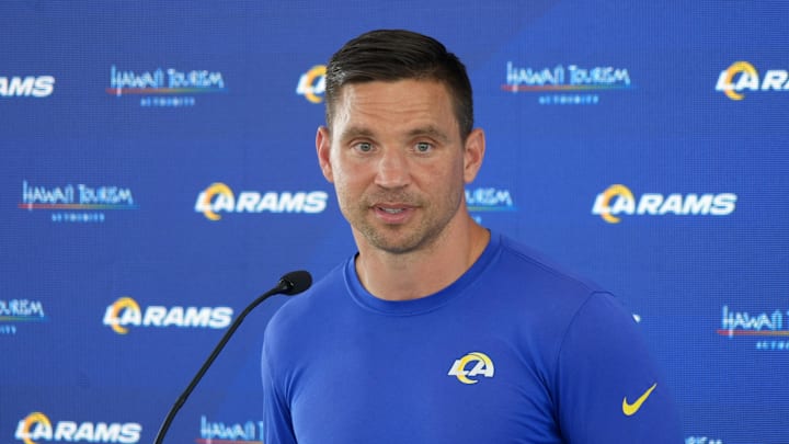 Jun 3, 2025; Woodland Hills, CA, USA; Los Angeles Rams defensive coordinator Chris Shula at press conference during organized team activities at Rams Practice Facility. Mandatory Credit: Kirby Lee-Imagn Images