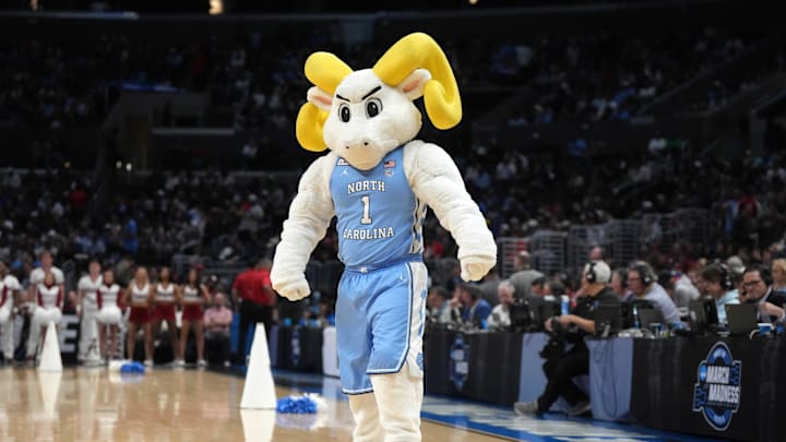 Mar 28, 2024; Los Angeles, CA, USA; The North Carolina Tar Heels mascot Rameses during the semifinals of the West Regional of the 2024 NCAA Tournament at Crypto.com Arena. Mar 28, 2024; Los Angeles, CA, USA; The North Carolina Tar Heels mascot Rameses during the semifinals of the West Regional of the 2024 NCAA Tournament at Crypto.com Arena.