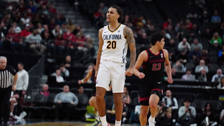 Mar 13, 2024; Las Vegas, NV, USA; California Golden Bears guard Jaylon Tyson (20) celebrates against the Stanford Cardinal in the first half at T-Mobile Arena. Mandatory Credit: Kirby Lee-USA TODAY Sports