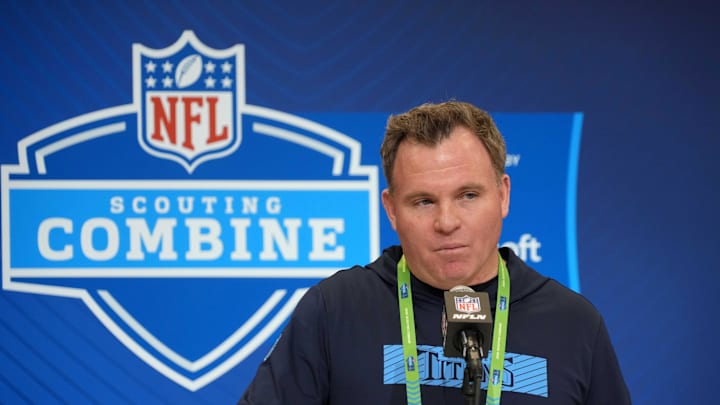 Feb 25, 2025; Indianapolis, IN, USA; Tennessee Titans general manager Mike Borgonzi speaks during the NFL Scouting Combine at the Indiana Convention Center. Mandatory Credit: Kirby Lee-Imagn Images