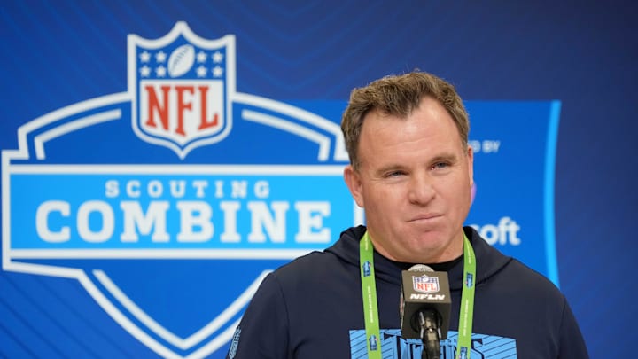 Tennessee Titans general manager Mike Borgonzi speaks during the NFL Scouting Combine at the Indiana Convention Center. Mandatory Credit: Kirby Lee-Imagn Images Tennessee Titans general manager Mike Borgonzi speaks during the NFL Scouting Combine at the Indiana Convention Center. Mandatory Credit: Kirby Lee-Imagn Images