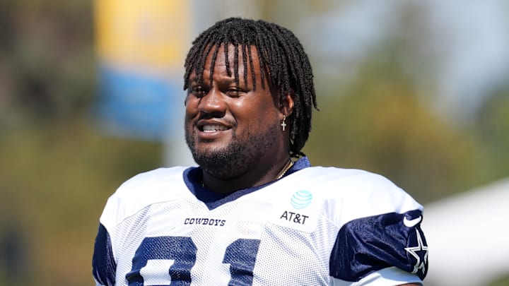 Dallas Cowboys defensive tackle Carlos Watkins looks on during joint practice against the Los Angeles Chargers. Mandatory Credit: Kirby Lee-Imagn Images