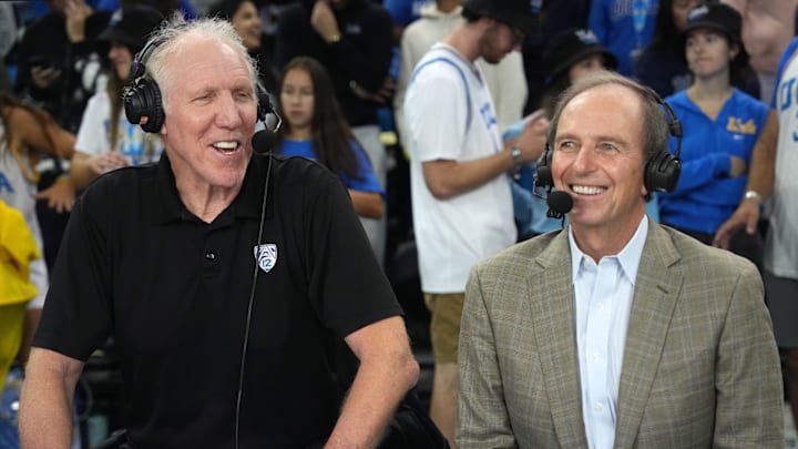 Nov 7, 2022; Los Angeles, California, USA; Pac-12 Network broadcasters Bill Walton (left) and Ted Robinson during the game between the UCLA Bruins and the Sacramento State Hornets at Pauley Pavilion. Mandatory Credit: Kirby Lee-Imagn Images Nov 7, 2022; Los Angeles, California, USA; Pac-12 Network broadcasters Bill Walton (left) and Ted Robinson during the game between the UCLA Bruins and the Sacramento State Hornets at Pauley Pavilion. Mandatory Credit: Kirby Lee-Imagn Images