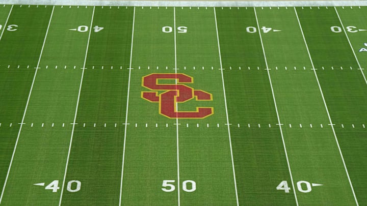 Sep 17, 2022; Los Angeles, California, USA; The SC Trojans logo at midfield at United Airlines Field