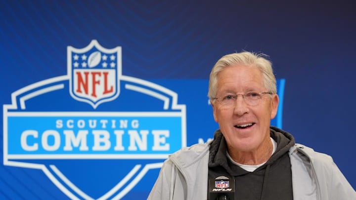 Feb 25, 2025; Indianapolis, IN, USA; Las Vegas Raiders coach Pete Carroll speaks during the NFL Scouting Combine at the Indiana Convention Center. Mandatory Credit: Kirby Lee-Imagn Images Feb 25, 2025; Indianapolis, IN, USA; Las Vegas Raiders coach Pete Carroll speaks during the NFL Scouting Combine at the Indiana Convention Center. Mandatory Credit: Kirby Lee-Imagn Images