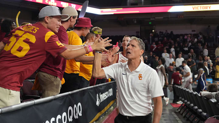Nov 4, 2024; Los Angeles, California, USA; Southern California Trojans head coach Eric Musselman interacts with fans after the game against the Chattanooga Mocs at Galen Center. Mandatory Credit: Kirby Lee-Imagn Images