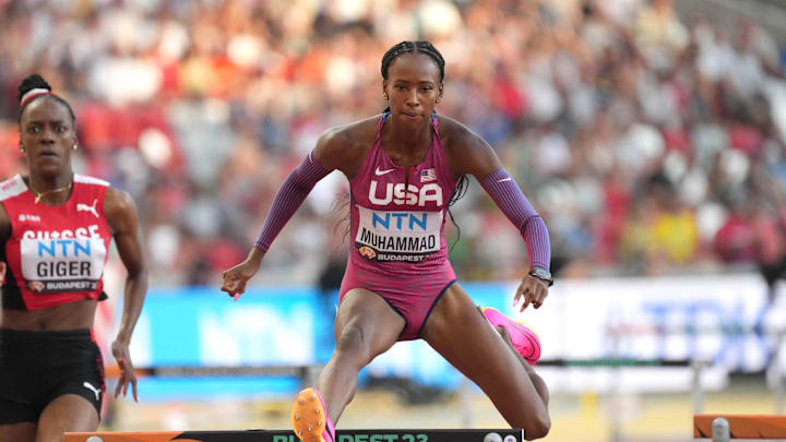 Aug 21, 2023; Budapest, Hungary; Dalilah Muhammad (USA) places second in women's 400m hurdles heat in 54.21 during the World Athletics Championships Budapest 23 at National Athletics Centre. Mandatory Credit: Kirby Lee-Imagn Images
