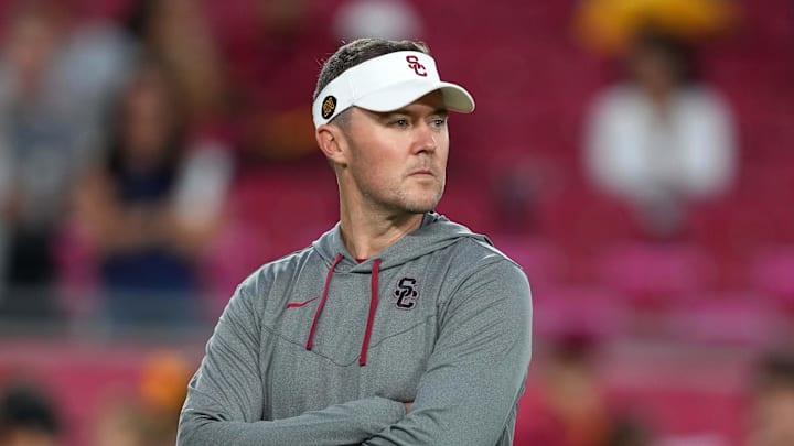 Sep 17, 2022; Los Angeles, California, USA; Southern California Trojans head coach Lincoln Riley reacts before the game against the Fresno State Bulldogs at United Airlines Field at Los Angeles Memorial Coliseum. Mandatory Credit: Kirby Lee-Imagn Images