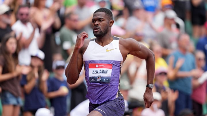 Aug 3, 2025; Eugene, OR, USA; Benjamin wins the 400m hurdles in 46.89 during the USATF Champi Rai onships at Hayward Field. Mandatory Credit: Kirby Lee-Imagn Images