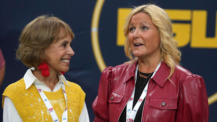 Sep 1, 2024; Paradise, Nevada, USA; Southern California Trojans president Carol Folt (left) and athletic director Jen Cohen (Jennifer Cohen) attend the game against the LSU Tigers at Allegiant Stadium. Mandatory Credit: Kirby Lee-Imagn Images Sep 1, 2024; Paradise, Nevada, USA; Southern California Trojans president Carol Folt (left) and athletic director Jen Cohen (Jennifer Cohen) attend the game against the LSU Tigers at Allegiant Stadium. Mandatory Credit: Kirby Lee-Imagn Images