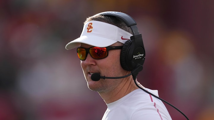 Nov 30, 2024; Los Angeles, California, USA; Southern California Trojans head coach Lincoln Riley reacts against the Notre Dame Fighting Irish in the second half at United Airlines Field at Los Angeles Memorial Coliseum. Mandatory Credit: Kirby Lee-Imagn Images