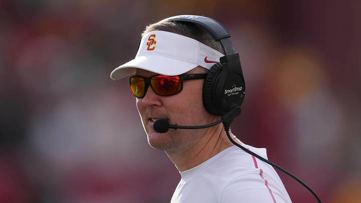 Nov 30, 2024; Los Angeles, California, USA; Southern California Trojans head coach Lincoln Riley reacts against the Notre Dame Fighting Irish in the second half at United Airlines Field at Los Angeles Memorial Coliseum. Mandatory Credit: Kirby Lee-Imagn Images