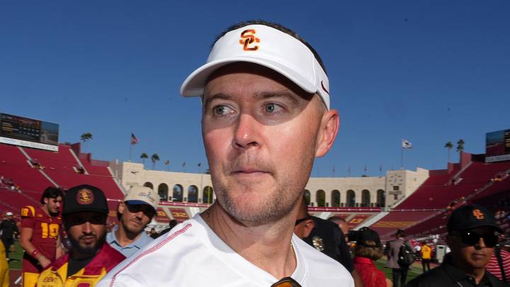 Sep 28, 2024; Los Angeles, California, USA; Southern California Trojans head coach Lincoln Riley reacts after a game against the Wisconsin Badgers at United Airlines Field at Los Angeles Memorial Coliseum. Sep 28, 2024; Los Angeles, California, USA; Southern California Trojans head coach Lincoln Riley reacts after a game against the Wisconsin Badgers at United Airlines Field at Los Angeles Memorial Coliseum.