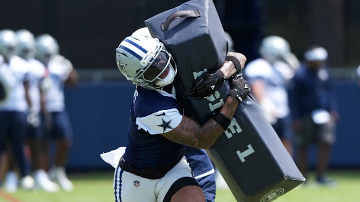 Jul 22, 2025; Oxnard, CA, USA; Dallas Cowboys safety 
Juanyeh Thomas (2) during training camp at the River Ridge Fields. Mandatory Credit: Kirby Lee-Imagn Images