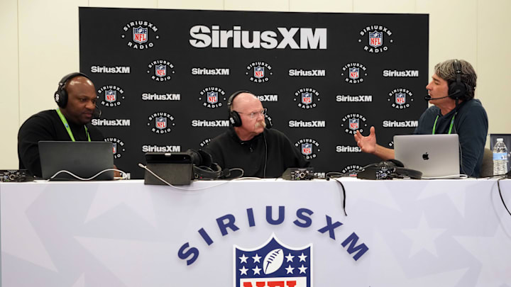 Feb 25, 2025; Indianapolis, IN, USA; SiriuxXM radio hosts Kirk Morrison (left) and Bruce Murray (right) interview Kansas City Chiefs coach Andy Reid (center) during the NFL Scouting Combine at the Indiana Convention Center. Mandatory Credit: Kirby Lee-Imagn Images Feb 25, 2025; Indianapolis, IN, USA; SiriuxXM radio hosts Kirk Morrison (left) and Bruce Murray (right) interview Kansas City Chiefs coach Andy Reid (center) during the NFL Scouting Combine at the Indiana Convention Center. Mandatory Credit: Kirby Lee-Imagn Images