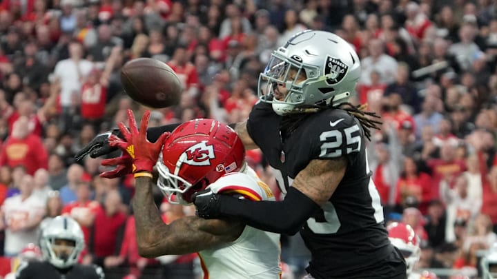 Jan 7, 2023; Paradise, Nevada, USA; Las Vegas Raiders safety Tre'von Moehrig (25) deflects a pass intended for Kansas City Chiefs wide receiver Marquez Valdes-Scantling (11) in the first half at Allegiant Stadium. Mandatory Credit: Kirby Lee-Imagn Images