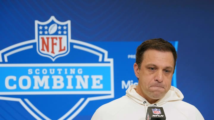 Feb 25, 2025; Indianapolis, IN, USA; Kansas City Chiefs general manager Brett Veach speaks during the NFL Scouting Combine at the Indiana Convention Center. Mandatory Credit: Kirby Lee-Imagn Images