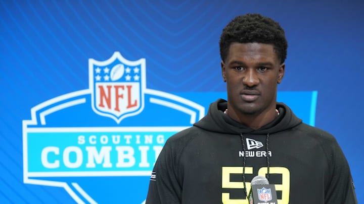 Feb 26, 2025; Indianapolis, IN, USA; Tennessee defensive lineman James Pearce (DL59) during the 2025 NFL Scouting Combine at the Indiana Convention Center. Mandatory Credit: Kirby Lee-Imagn Images