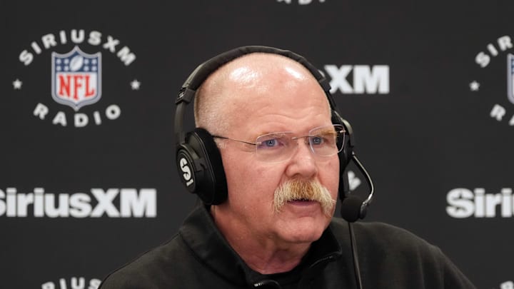 Feb 25, 2025; Indianapolis, IN, USA; Kansas City Chiefs oach Andy Reid on the SiriusXM radio set at the NFL Scouting Combine at the Indiana Convention Center. Mandatory Credit: Kirby Lee-Imagn Images