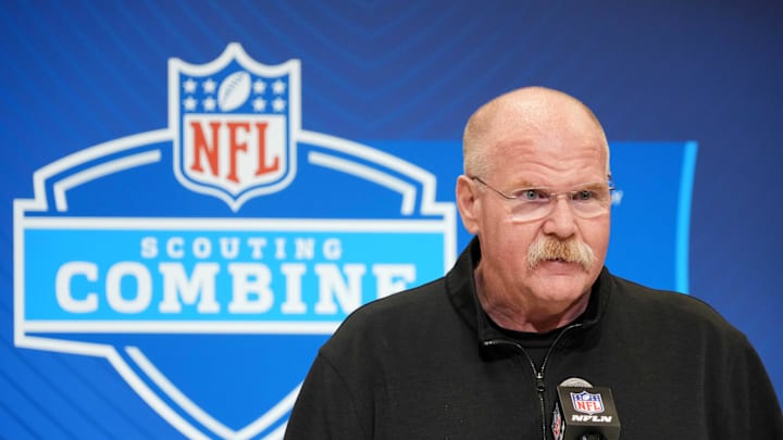 Feb 25, 2025; Indianapolis, IN, USA; Kansas City Chiefs oach Andy Reid speaks during the NFL Scouting Combine at the Indiana Convention Center. Mandatory Credit: Kirby Lee-Imagn Images