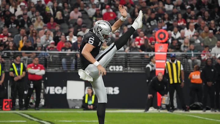 Nov 26, 2023; Paradise, Nevada, USA; Las Vegas Raiders punter AJ Cole (6) punts the ball against the Kansas City Chiefs in the second half at Allegiant Stadium. Mandatory Credit: Kirby Lee-Imagn Images Nov 26, 2023; Paradise, Nevada, USA; Las Vegas Raiders punter AJ Cole (6) punts the ball against the Kansas City Chiefs in the second half at Allegiant Stadium. Mandatory Credit: Kirby Lee-Imagn Images