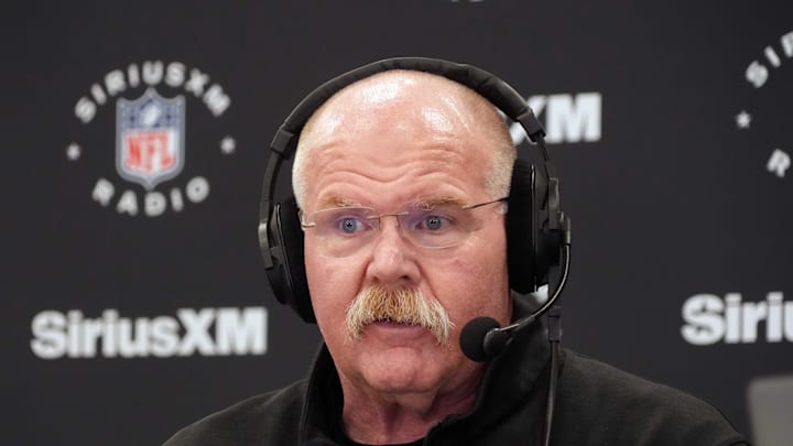 Feb 25, 2025; Indianapolis, IN, USA; Kansas City Chiefs oach Andy Reid on the SiriusXM radio set at the NFL Scouting Combine at the Indiana Convention Center. Mandatory Credit: Kirby Lee-Imagn Images