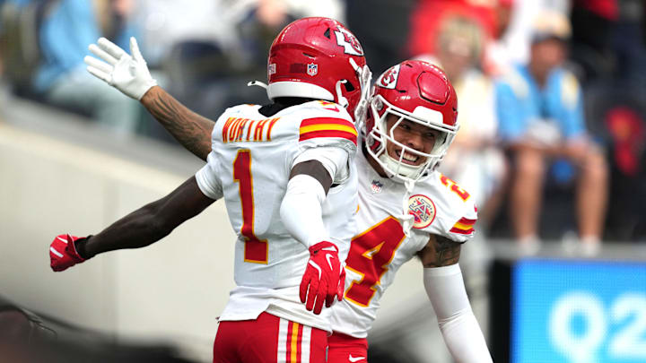 Sep 29, 2024; Inglewood, California, USA; Kansas City Chiefs wide receiver Xavier Worthy (1) celebrates with wide receiver Skyy Moore (24) after catching a 54-yard touchdown pass in the second quarter against the Los Angeles Chargers at SoFi Stadium. Mandatory Credit: Kirby Lee-Imagn Images