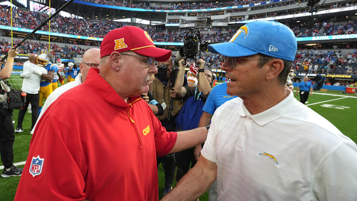 Sep 29, 2024; Inglewood, California, USA; Kansas City Chiefs coach Andy Reid shakes hands with Los Angeles Chargers coach Jim Harbaugh after the game at SoFi Stadium. Mandatory Credit: Kirby Lee-Imagn Images Sep 29, 2024; Inglewood, California, USA; Kansas City Chiefs coach Andy Reid shakes hands with Los Angeles Chargers coach Jim Harbaugh after the game at SoFi Stadium. Mandatory Credit: Kirby Lee-Imagn Images