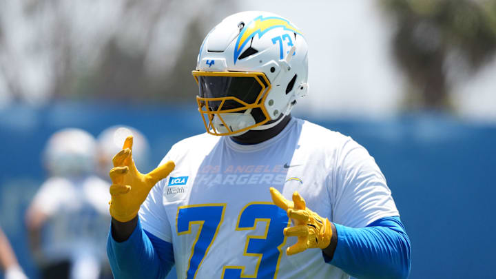 May 27, 2025; El Segundo, CA, USA; Los Angeles Chargers guard Mekhi Becton (73) during organized team activities at The Bolt. Mandatory Credit: Kirby Lee-Imagn Images